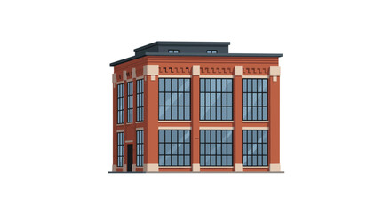 Fototapeta premium A three-story red brick building with large windows and a dark roof stands against a plain white background.