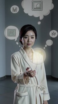 Woman manipulates 3D home model in holographic cloud; floating icons, soft light, no text, vertical video silent for interface design or UX research.