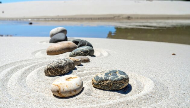 Smooth, uniquely patterned river stones deliberately arranged in a tranquil zen garden on sandy ground, evoking peace and natural harmony near water.