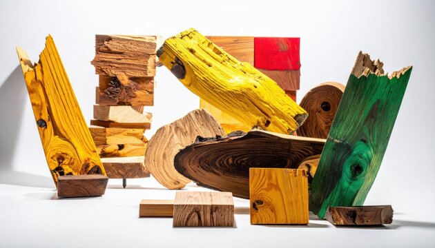 An abstract arrangement of colorful wood scraps and offcuts is expertly composed, showcasing varied textures and vibrant hues in a modern, artistic display.