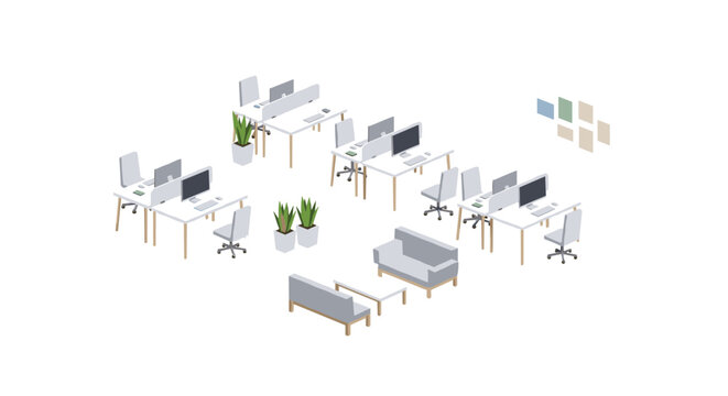 An isometric view of an open-plan office space with desks, chairs, computers, plants, and sofas is depicted on a white background.