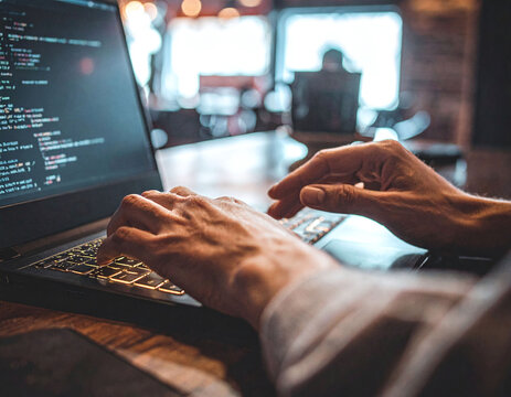 Professional cinematic shot of a programmer&rsquo;s hands typing code on a backlit laptop. Ideal for projects focused on software development, digital innovation, and tech entrepreneurship.