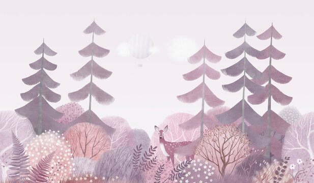 Forest landscape, cute trees, tall firs, deer. Watercolor illustration. Decor for children's room. Wallpaper.