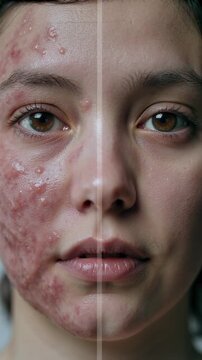 Stunning split-screen transformation: inflamed acne to smooth radiant skin; subtle glow, no text, vertical video 9:16 silent inspiring aesthetic treatments for timeless confidence.