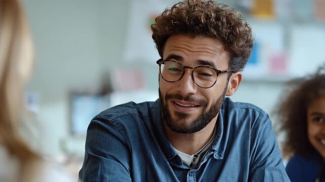 Young male teacher engages with students in a classroom, sharing smiles and fostering a supportive learning environment at an elementary school