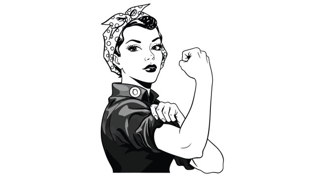 Woman with rolled up sleeve and bandana shows strong flexing bicep in classic Rosie the Riveter style illustration powerfully.