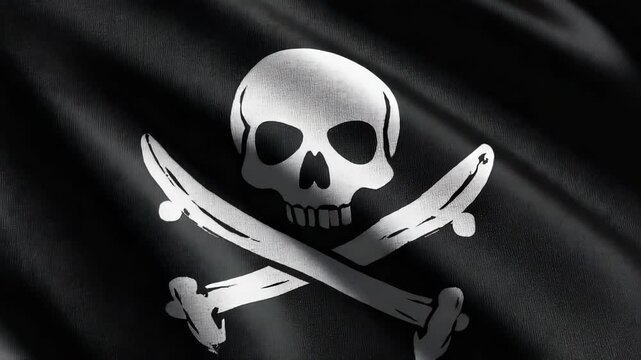 Tattered Pirate Flag with Skull and Crossbones, Waving in Wind, Nautical Symbol, Dark Background, Historical Maritime Imagery.