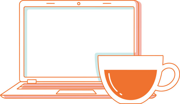 A minimalist orange line art illustration of an open laptop computer paired with a coffee cup