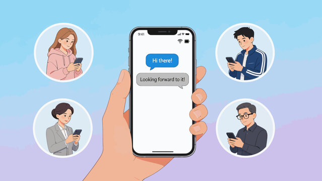 Hand holding phone with messaging and people
