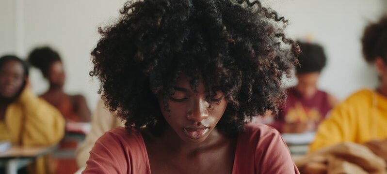 Woman in Classroom, Focused on Schoolwork