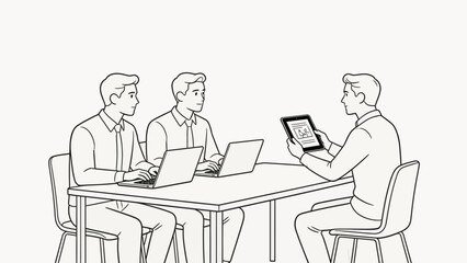 Fototapeta premium Three men in a meeting with laptops and tablet