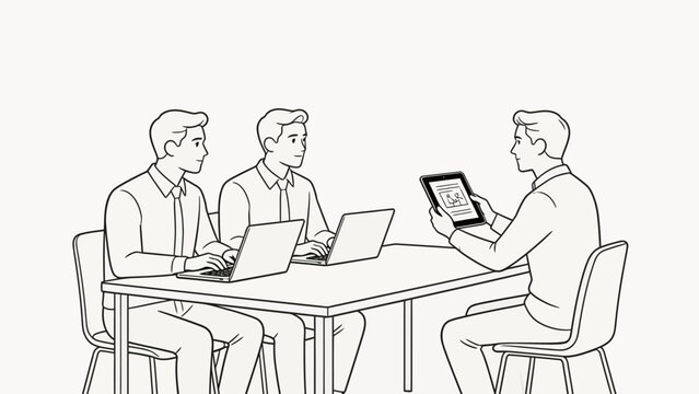 Three men in a meeting with laptops and tablet