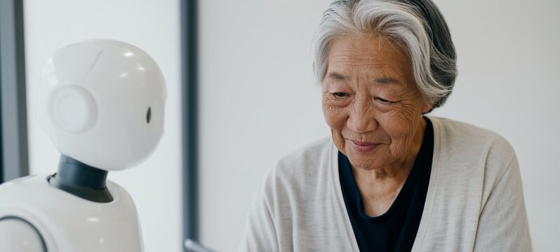 Older Woman Interacting with Robot