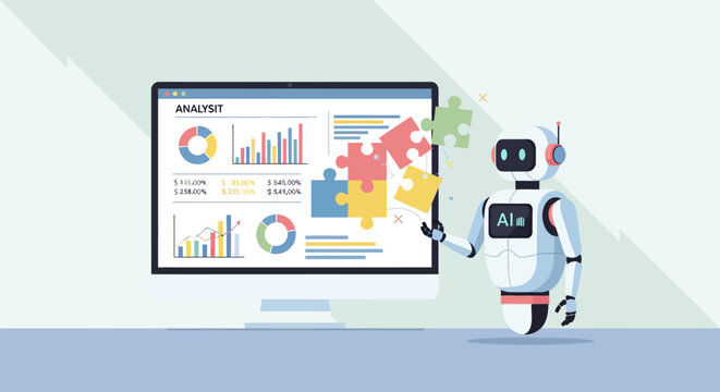 Ai robot analyzing business data with puzzles on computer screen