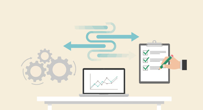Business workflow with laptop, chart, checklist, and gears in flat design