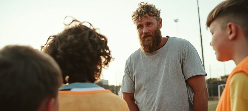Bearded Man in T-Shirt Coaching Youth Soccer Team