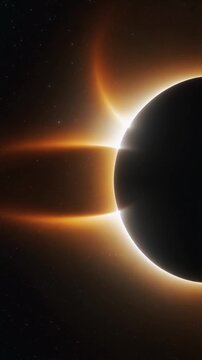 Solar eclipse from space. Precise alignment. Solar corona. Plasma filaments. Eruptions. High contrast. Background stars. Minimalism. Scale. AI composition.