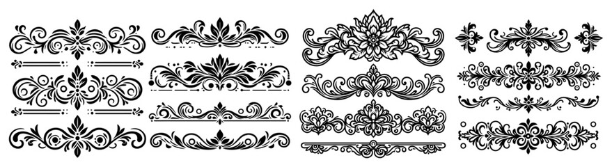 Fototapeta premium Ornamental Dividers and Flourish Borders Collection Vintage Victorian Decorative Elements for Wedding Invitation Design Vector Set