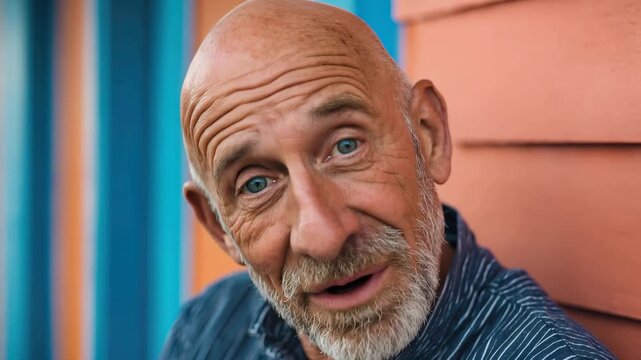 Portrait of confident older man wearing casual clothing smiling while looking at camera near colorful wall during daylight in urban area