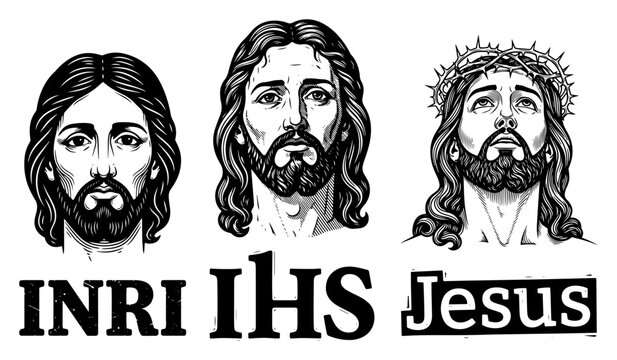 Jesus Christ Religious Portrait Set with INRI and IHS Symbols Illustration Crown of Thorns Engraving Style Christian Vector Art