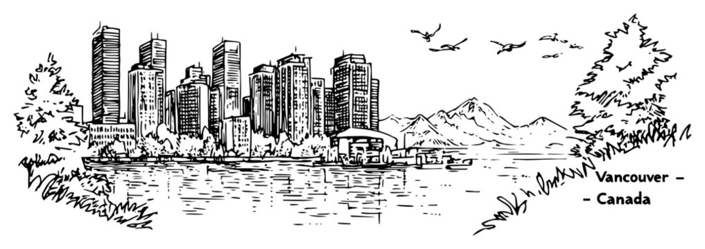 Vancouver Canada Cityscape Panorama with Mountains and Skyscrapers Illustration Hand Drawn Travel Sketch Vector Art