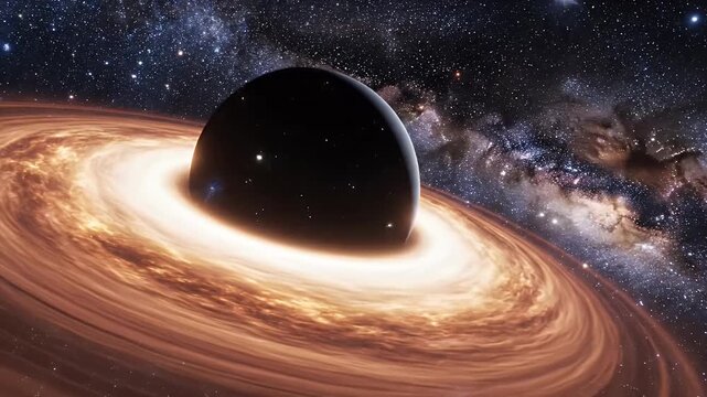Planet orbiting black hole with glowing accretion disk in deep space