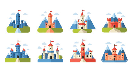 A colorful collection of fairytale castles against mountainous backgrounds presented in a flat illustrative style silhouette high quality professional detailed modern © GDMala02