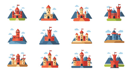 A colorful arrangement of fairytale castles with varying designs set against mountainous backgrounds in a flat silhouette high quality professional detailed © GDMala02