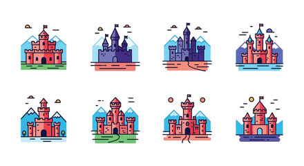 A colorful collection of fairytale castles depicted in a flat illustrative style showcasing architectural details silhouette high quality professional detailed modern © GDMala02