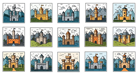 A colorful grid of medieval castles with varying architectural styles presented as flat illustrations silhouette high quality professional detailed modern © GDMala02