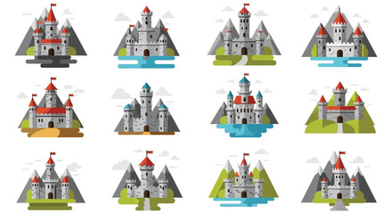 A colorful collection of fairytale castles depicted in a flat graphic style creating a whimsical landscape silhouette high quality professional detailed © GDMala02