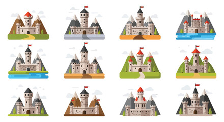 A colorful arrangement of twelve illustrated castles against varied backgrounds showcasing a flat design silhouette high quality professional detailed modern elegant © GDMala02