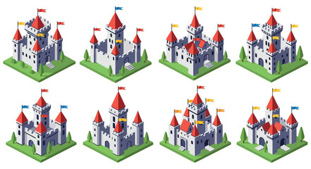 An isometric arrangement of eight colorful castles each with flags and detailed towers presented as a striking silhouette high quality professional © GDMala02