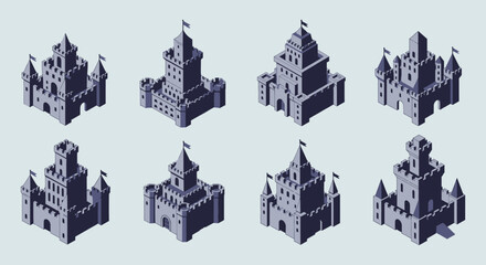 Isometric view of eight detailed castle structures rendered in a monochromatic style presenting a striking silhouette high quality professional modern elegant © GDMala02