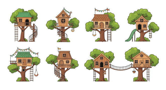 Colorful illustrations of whimsical treehouses nestled amongst lush green trees
