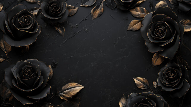 Black roses on a dark marble stone background with copy space