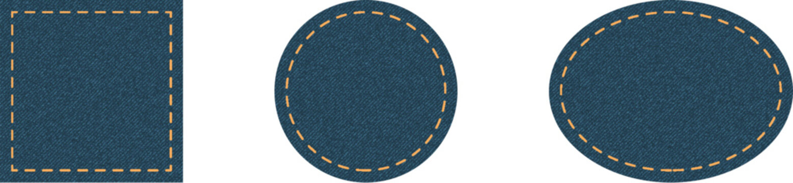 Set of blue denim patches square circle oval. Different shapes with place for your text isolated on white background