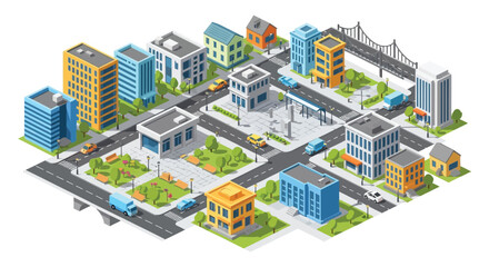 Isometric illustration of a colorful urban cityscape with buildings roads and vehicles presenting a striking silhouette high quality professional detailed modern © GDMala02