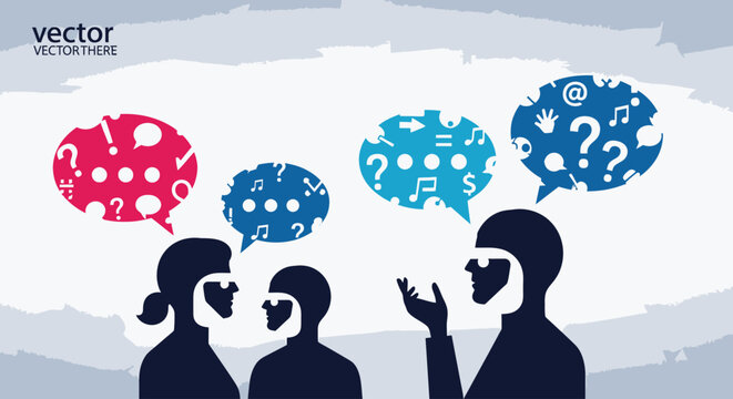 People talking with thought bubbles.