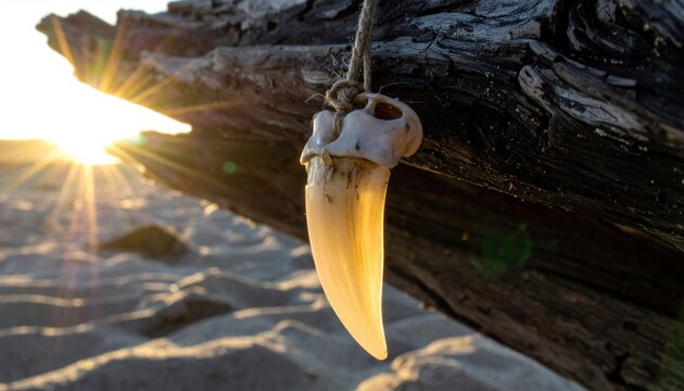 Gleaming polished shark tooth pendant crafted with natural fiber, gently hanging from sun-drenched driftwood on a textured sandy beach.