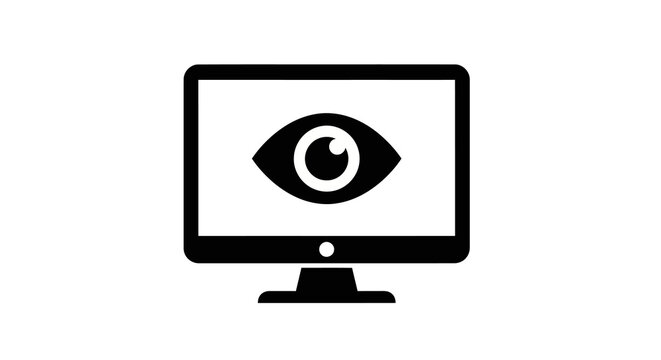 Monitoring eye on computer display icon in black and white