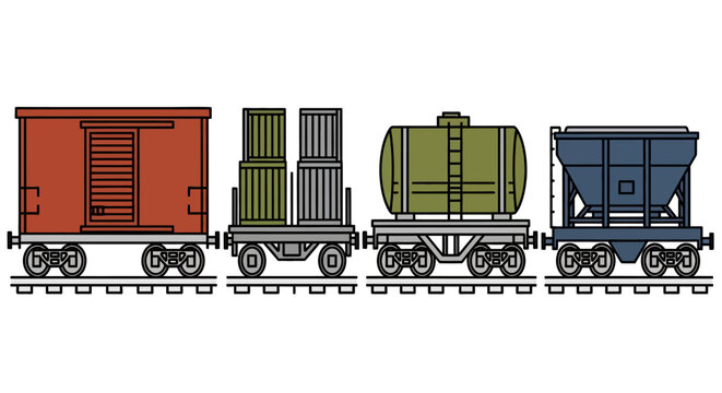 Colorful linear train cargo: boxcar, containers, tank car, hopper