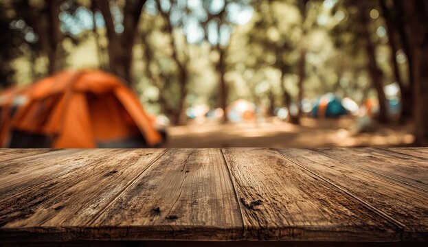 empty wooden table top with a blurred background of an outdoor camping scene for product display montage, with focus on the foreground and a depth blur effect Generative AI