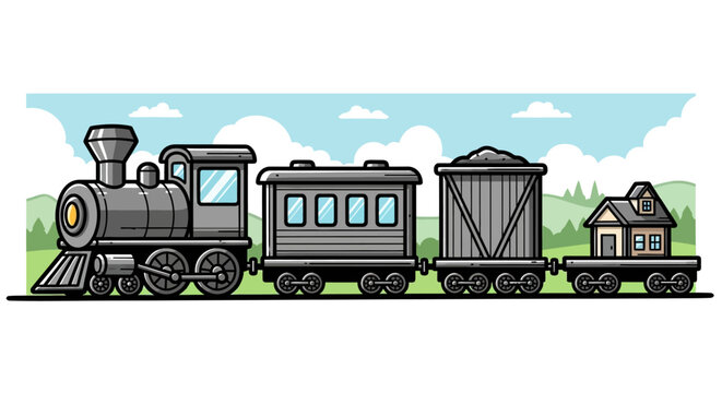 Vintage steam train with carriages in cartoon style on scenic background