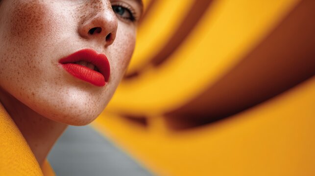Close-up of a young woman with freckles and bold red lipstick, wearing a yellow garment, against a vibrant yellow and gray abstract background