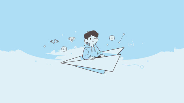 Boy flying paper airplane with icons