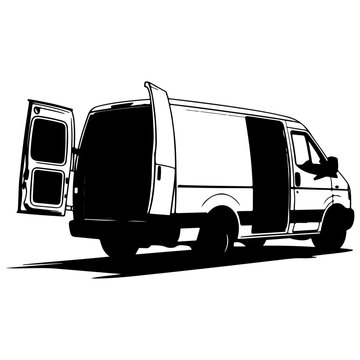 Black and white vector illustration of a delivery cargo van with all doors open, ready for loading or unloading