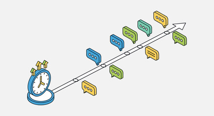A linear timeline depicting communication milestones marked by speech bubbles progressing from a clock silhouette high quality professional detailed modern elegant