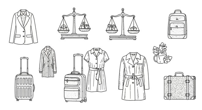 Linear outline of travel essentials and fashionable outfits