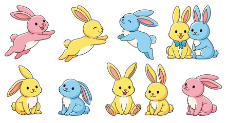 Obraz premium Colorful cartoon bunnies in playful poses